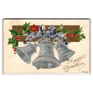 Vintage Embossed Christmas Postcard Silver Bells Holly 1905